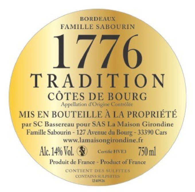 Contre-étiquette dorée du millésime 2020 de 1776 TRADITION, vin rare en édition limitée