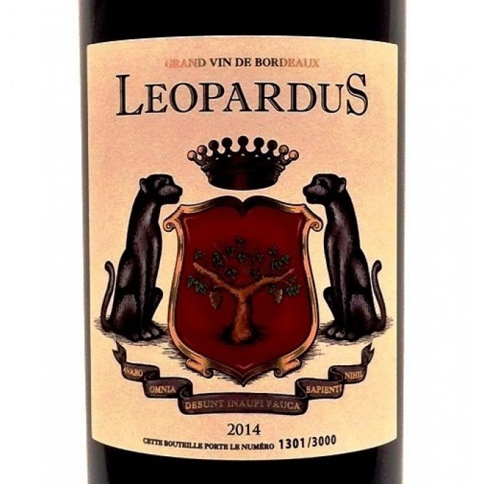 Étiquette du vin rouge Leopardus, Côtes de Bourg 100% Merlot élevé 18 mois en barriques – édition li